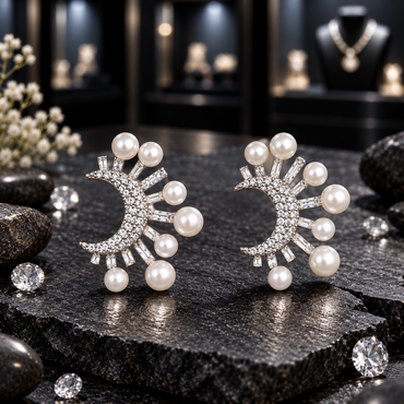 Pair of silver-tone clear-accent crescent earrings with radiating rectangular details and cream-white pearl-look beads in varied sizes.