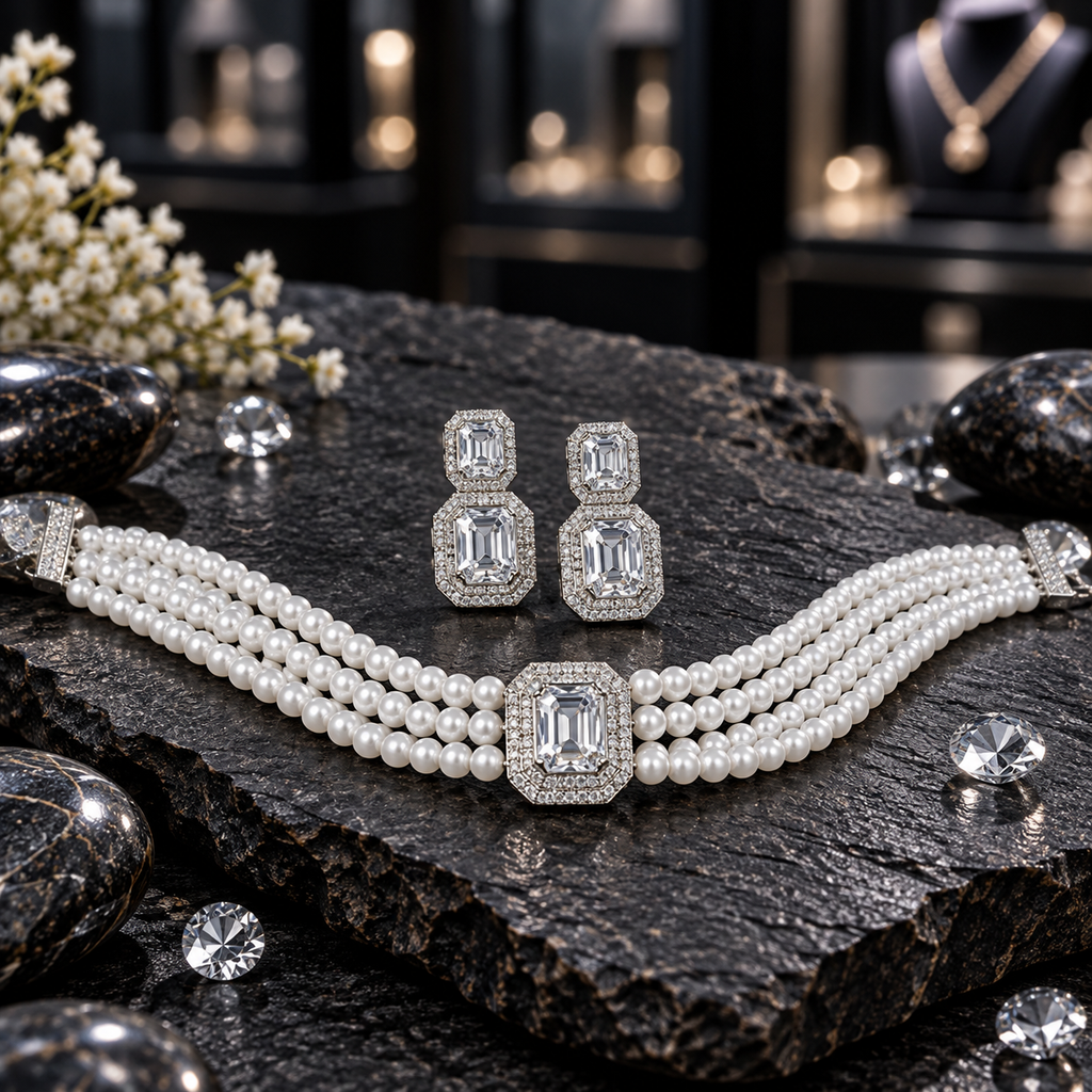 Silver-tone four-row white pearl-look choker with a clear rectangular halo centre and matching double-rectangle drop earrings.