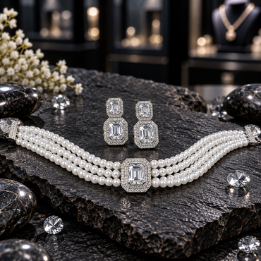 Silver-tone four-row white pearl-look choker with a clear rectangular halo centre and matching double-rectangle drop earrings.