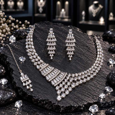 Silver-tone necklace, long tiered earrings and chain bindia with clear rectangular accents and cascading clear teardrop details.