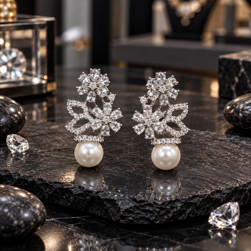 Silver-tone floral earrings with clear flower motifs, clear-accent open leaf details and round white pearl-look drops.