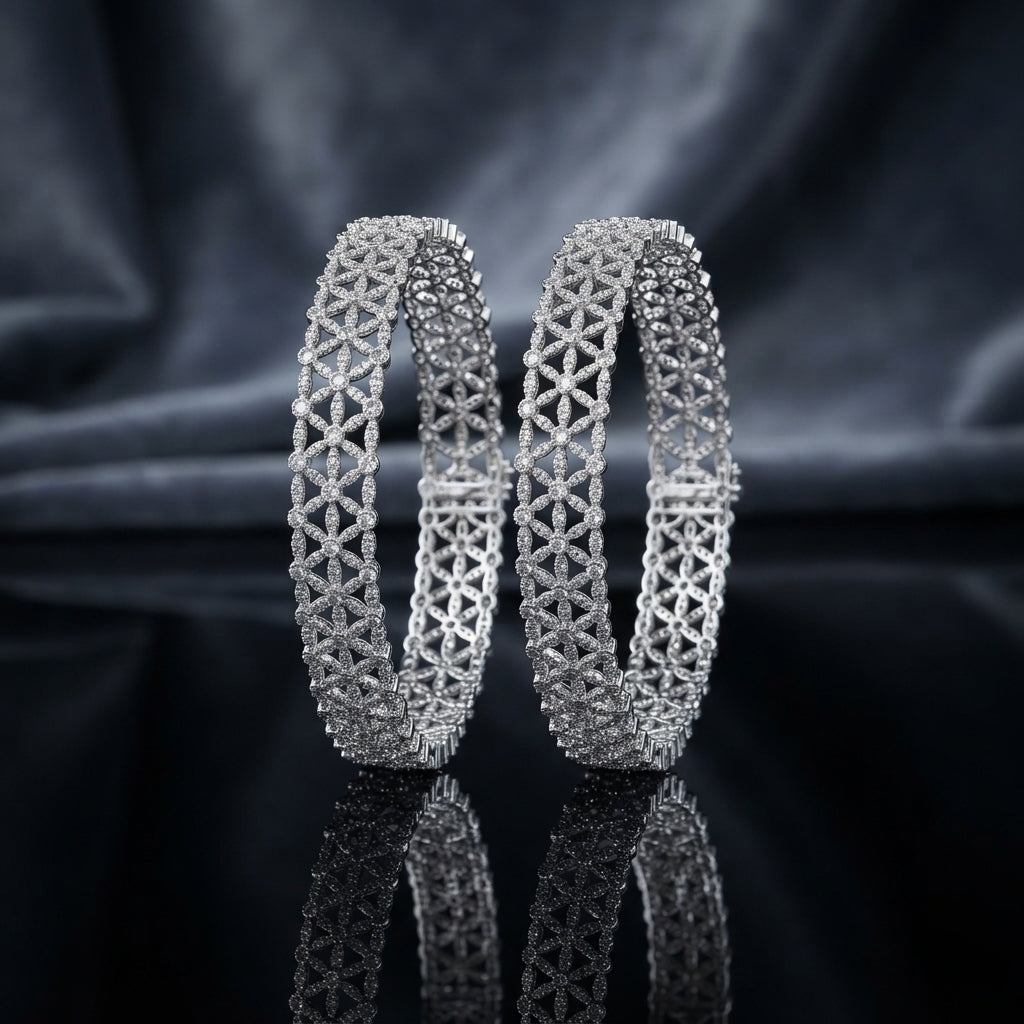 Silver-Tone CZ Pavé Floral Filigree Wide AD Bangle Pair