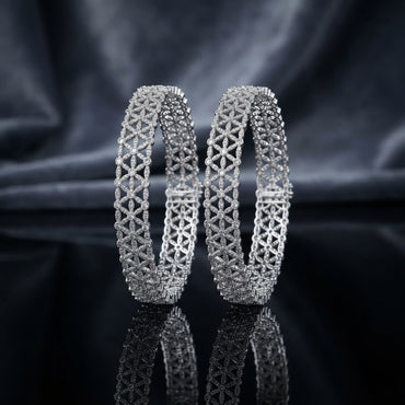 Silver-Tone CZ Pavé Floral Filigree Wide AD Bangle Pair