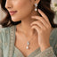 Silver-Tone CZ Pavé Leaf & Pearl Drop Pendant Necklace & Earrings Jewelry Set worn by model in Pakistani sage green formal attire