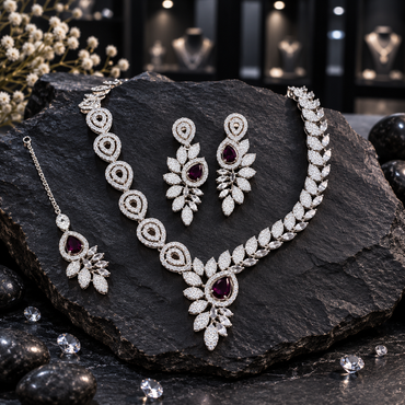 Silver-tone asymmetric necklace with open teardrop links, clear-looking leaf details and a deep plum teardrop centre, with matching earrings and bindia.