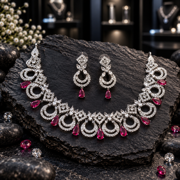 Silver-tone necklace with nested open crescents, square floral connectors and deep-red teardrop drops, with matching crescent earrings.