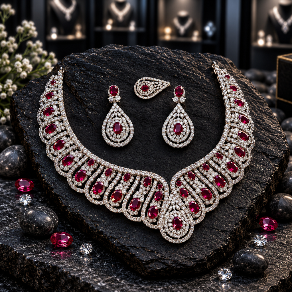 Silver-tone scalloped necklace with deep-red oval centres, matching teardrop earrings and a separate matching teardrop-shaped piece.