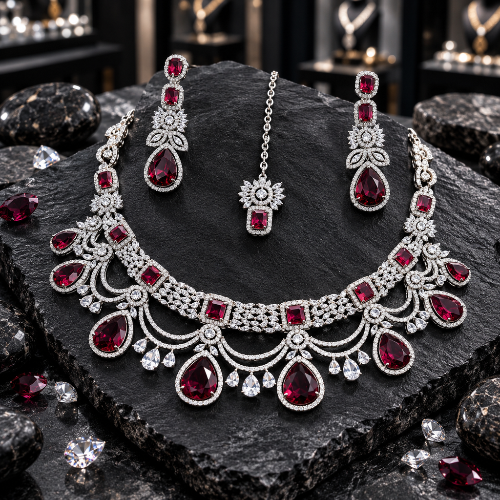 Silver-tone festoon necklace with deep red halo teardrops, rectangular red accents and clear-looking curved swags, with matching earrings and bindia.