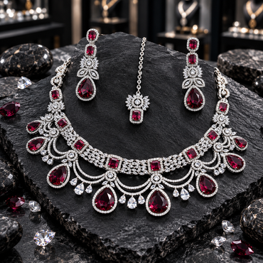 Silver-tone festoon necklace with deep red halo teardrops, rectangular red accents and clear-looking curved swags, with matching earrings and bindia.