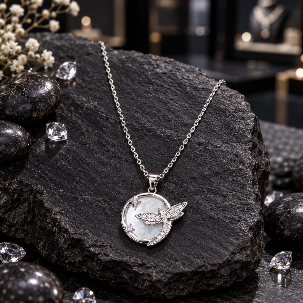 Silver-tone necklace with an oval-link chain, round lustrous white disc pendant, clear-accent dragonfly motif and two star details.