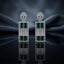 Silver-Tone Emerald CZ Rectangle Frame Mesh Drop Earrings displayed upright on dark grey mirror surface with dark blue silk drape backdrop showing pair of long rectangle drop earrings with open-work crown lantern filigree stud top in white CZ pave large rectangular open frame with white CZ pave border woven mesh grid center panel and two large emerald-cut emerald-green CZ stones in 4-prong settings at top and bottom with mirror reflection below