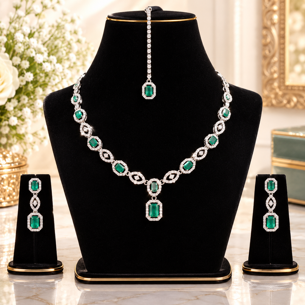 Silver-tone emerald green emerald-cut CZ halo rectangle link necklace earrings and maang tikka bridal set