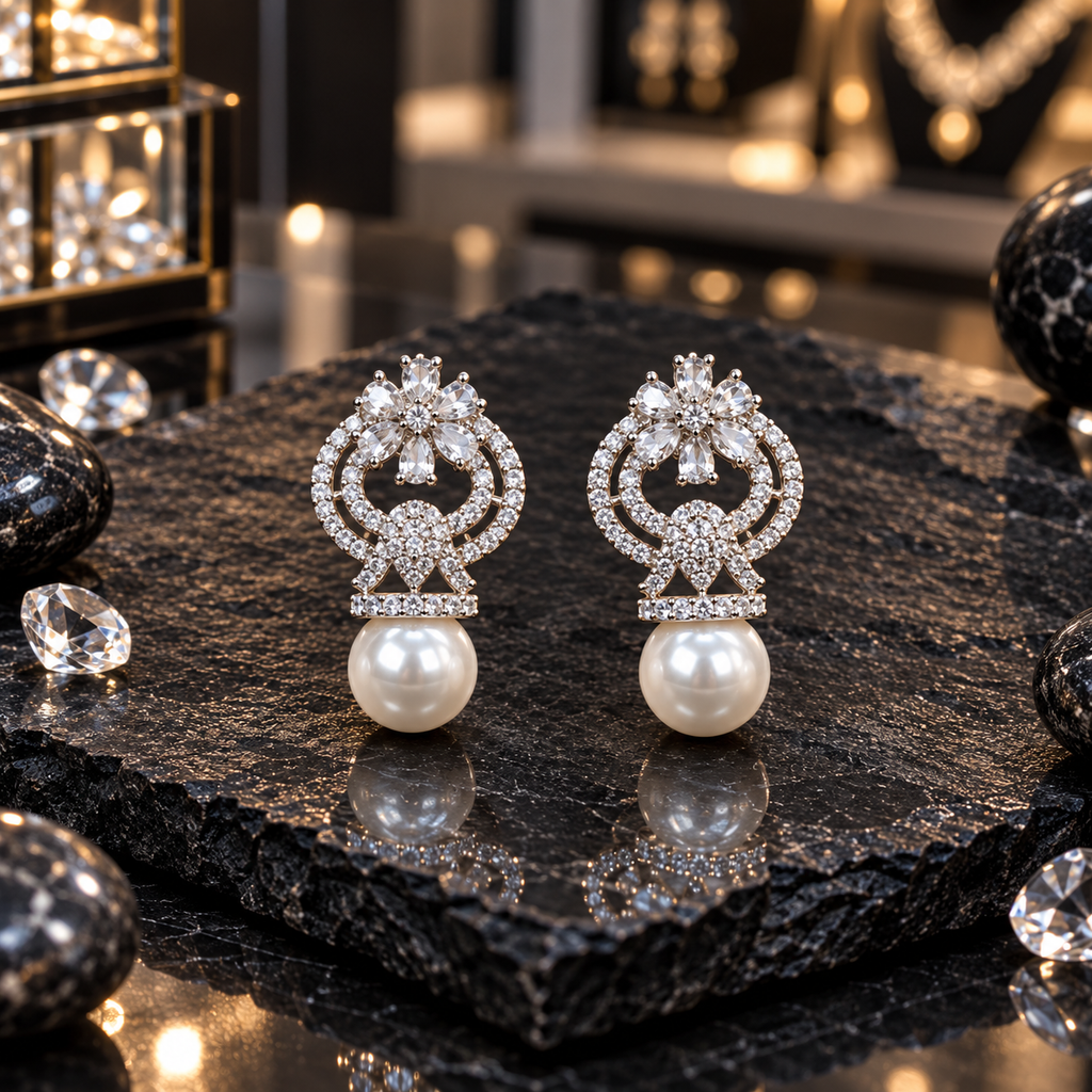 Silver-tone AD earrings with clear floral tops, double open loops, a decorated teardrop-shaped motif and round white pearl-look drops.