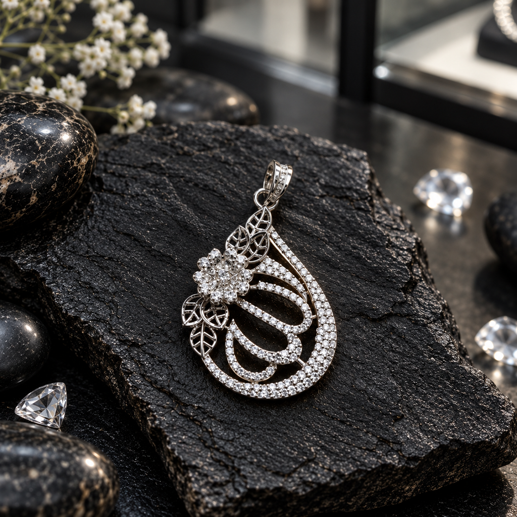 Silver-tone teardrop locket with clear accents, a floral cluster, openwork leaf motifs, curved inner loops and a decorated top bail.