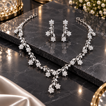 Silver-tone floral vine necklace and matching drop earrings with curved links, leaf-shaped details, clear accents, and flower-shaped drops.