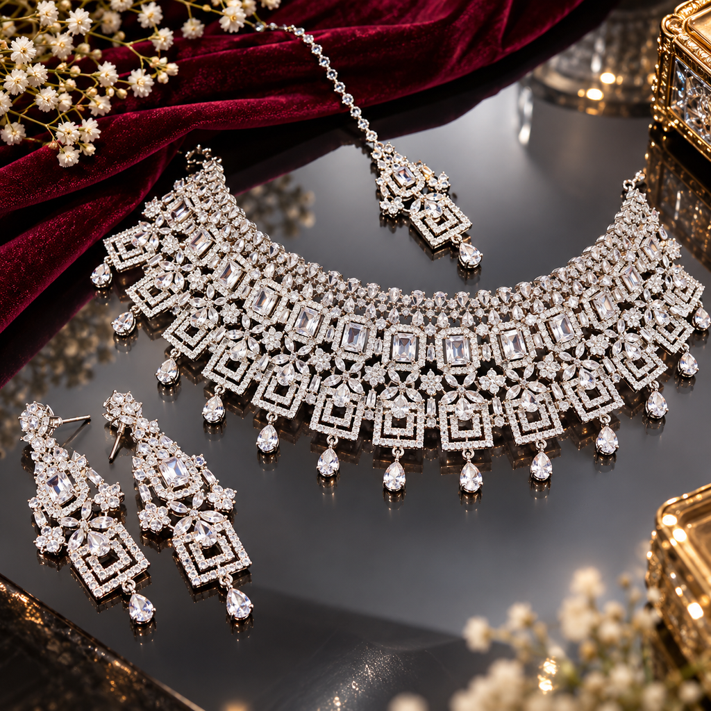 Silver-tone geometric bridal necklace set with matching earrings and maang tikka, clear faceted details, and dangling teardrop accents.