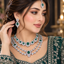 Model wearing a silver-tone layered necklace set with matching earrings and maang tikka, featuring green accents.