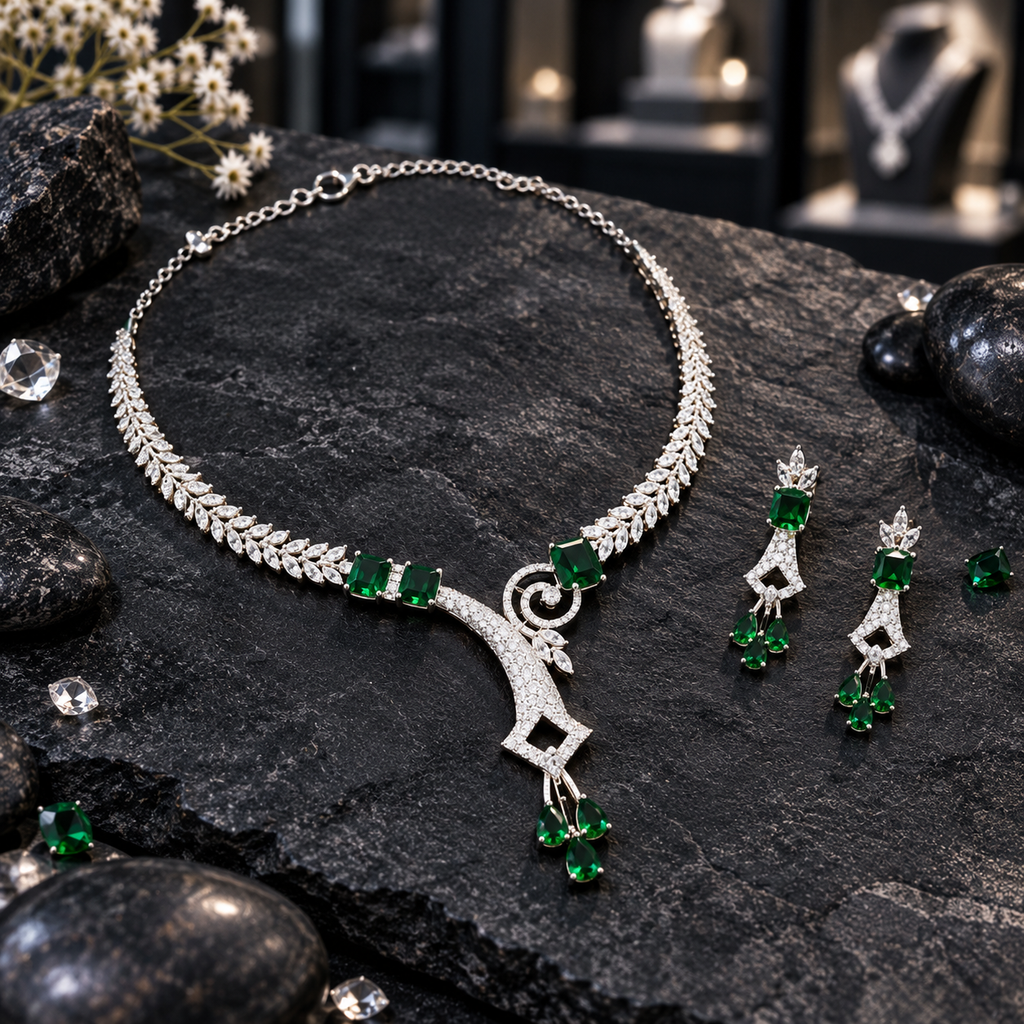 Silver-tone AD necklace and earrings set with clear leaf details, rectangular green accents, open geometric frames and clusters of three green teardrop drops.