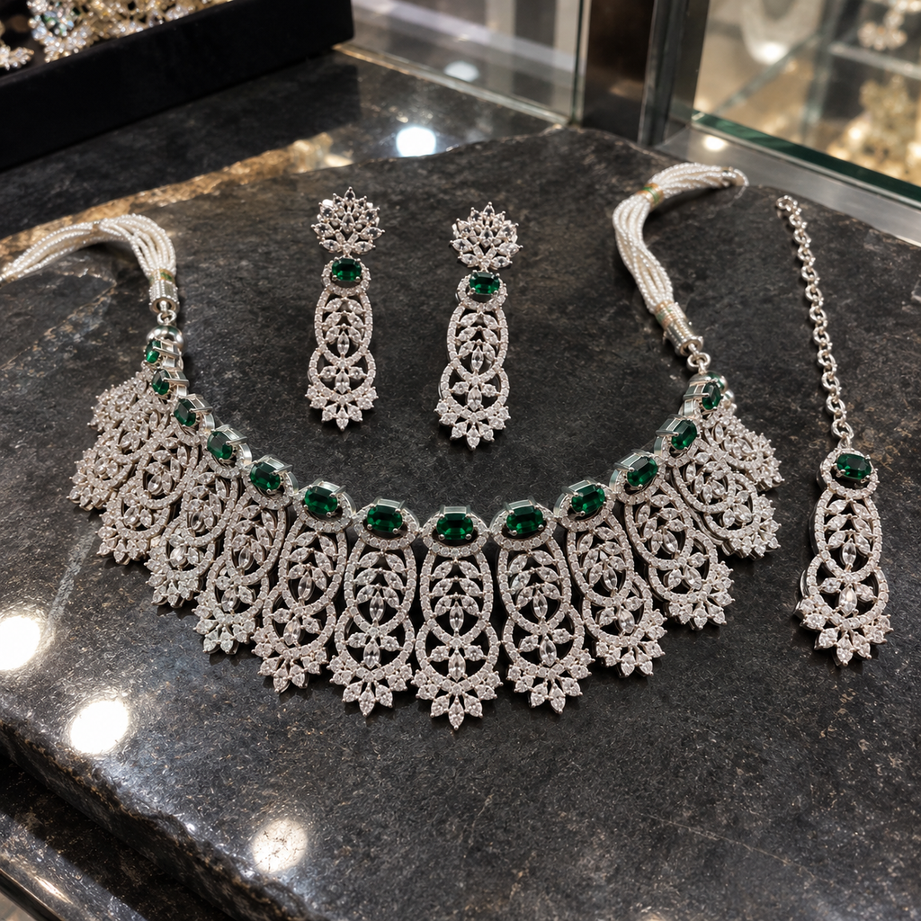 Silver-tone green American Diamond necklace, long earrings and chain-style bindia laid flat, with clear openwork panels, floral tips and white pearl-look side strands.