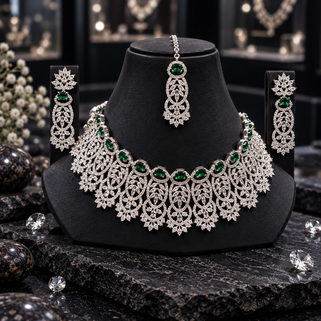 Silver-tone green American Diamond necklace, earrings and bindia on a black display, showing green centres, clear openwork fringe and floral-ended drops.