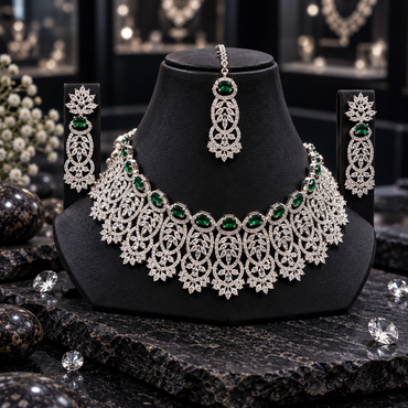 Silver-tone green American Diamond necklace, earrings and bindia on a black display, showing green centres, clear openwork fringe and floral-ended drops.