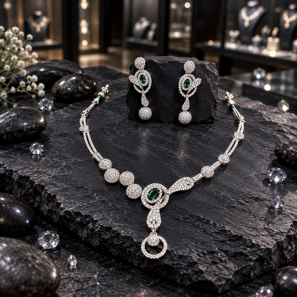 Silver-tone AD necklace with a green oval centre, asymmetric rounded clusters and an open circular pendant, alongside matching green oval drop earrings.