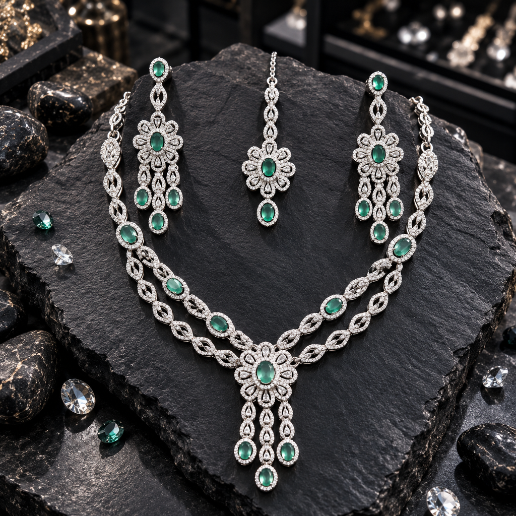 Silver-tone double-row open-link necklace with green oval accents and a floral three-drop centre, matching long earrings and floral bindia.
