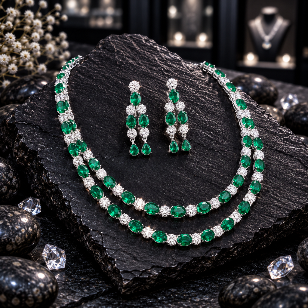 Silver-tone double row necklace with alternating green oval accents and clear round clusters, paired with matching earrings with twin green teardrop drops.