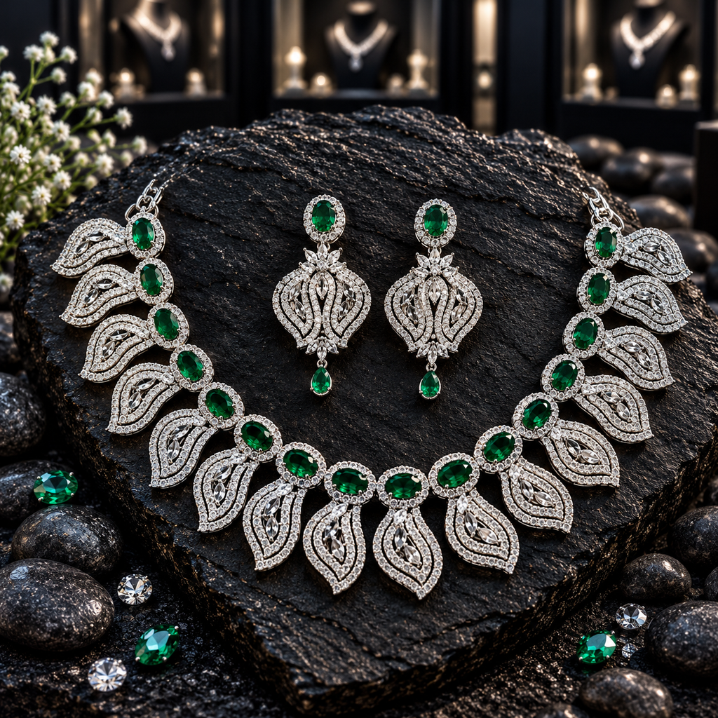 Silver-tone AD necklace with green oval halo centres and pointed openwork leaf fringe, with matching teardrop-finish earrings.