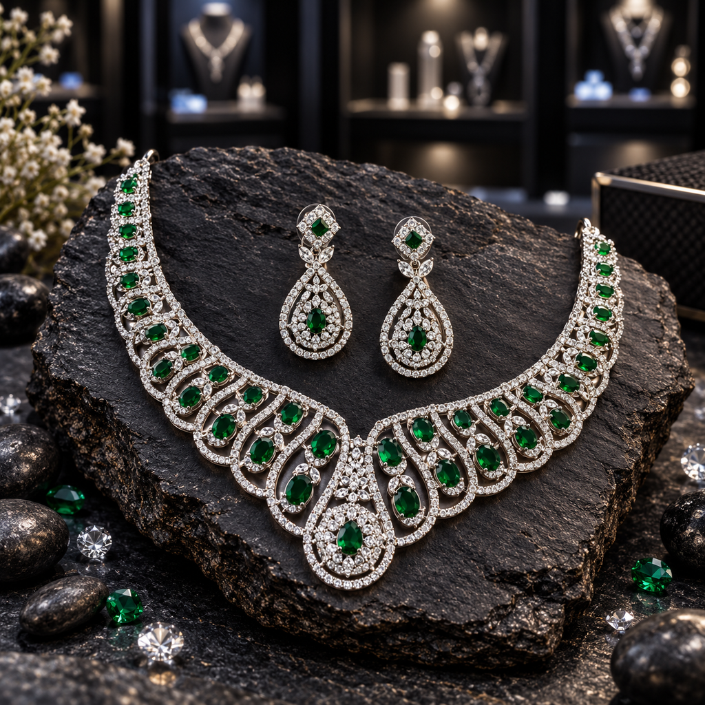 Silver-tone scalloped necklace with green oval centres and a teardrop centrepiece, with matching square-top teardrop earrings.