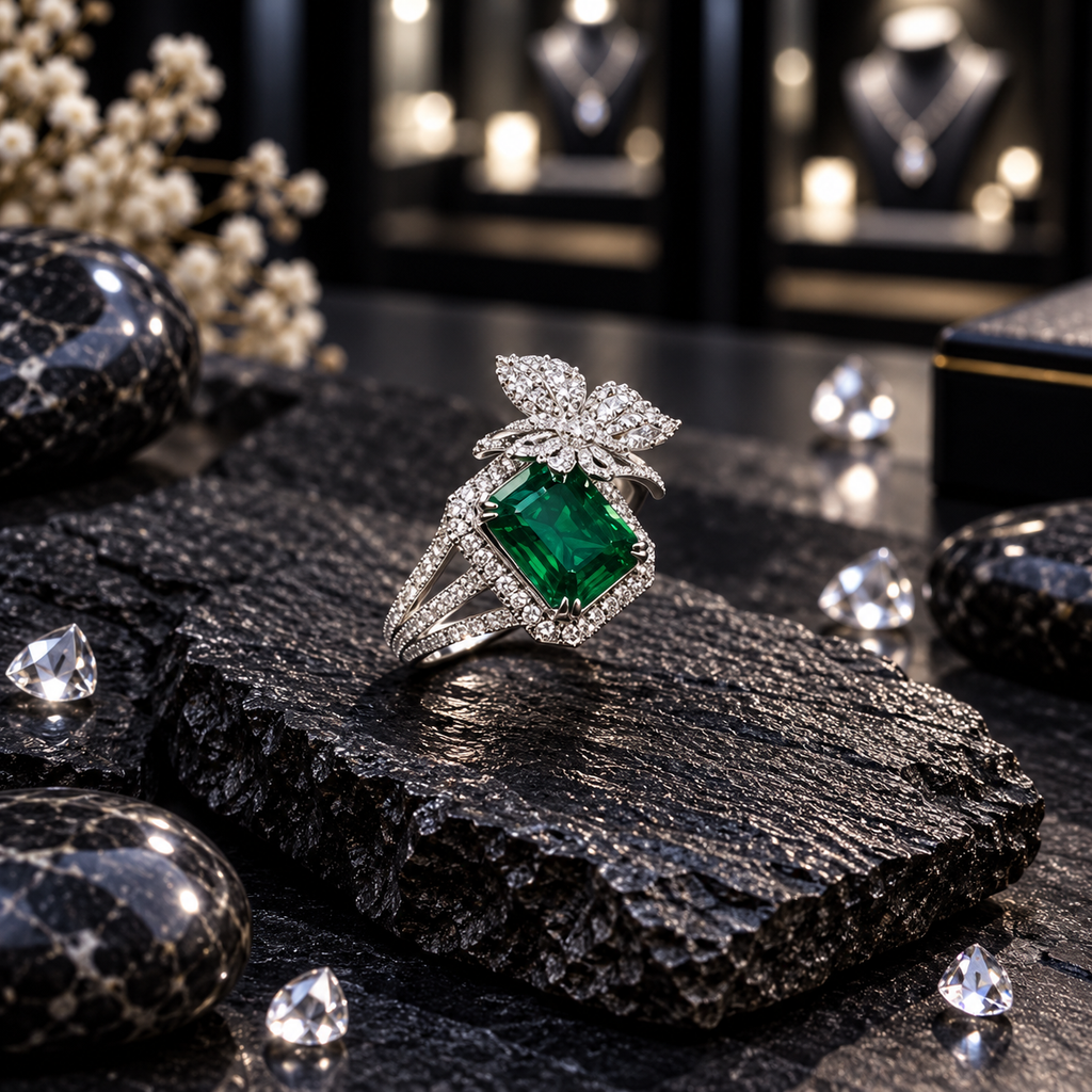 Silver-tone ring with a faceted rectangular green centre, clear sparkling halo, raised leaf-inspired cluster and embellished split-shoulder band.
