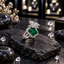 Silver-Tone Green Rectangular Halo Ring with Leaf Detail