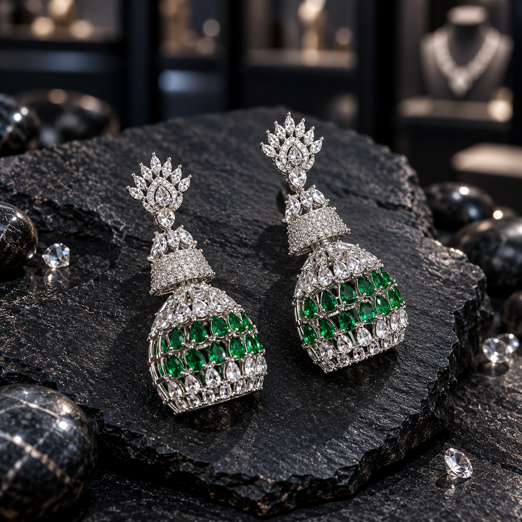 Pair of silver-tone tiered AD jhumka earrings with clear crown-like tops, sparkling upper bells and green teardrop rows on the lower domes.