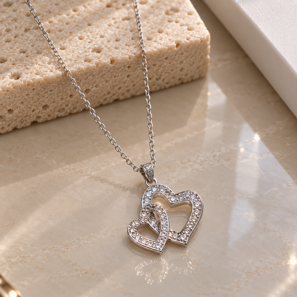 Silver-tone necklace with overlapping large and small open-heart pendants, clear-accent outlines, an embellished bail and a fine linked chain.