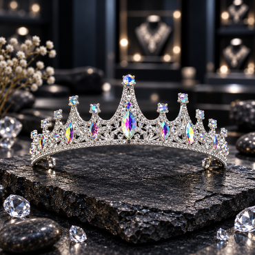 Silver-tone tiara with graduated round-topped peaks, rainbow-reflective marquise accents, clear-accent borders and floral openwork.