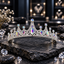 Silver-tone tiara with graduated round-topped peaks, rainbow-reflective marquise accents, clear-accent borders and floral openwork.