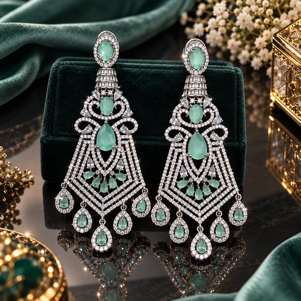 Pair of silver-tone chandelier earrings with mint-green and clear faceted accents and dangling teardrop details.