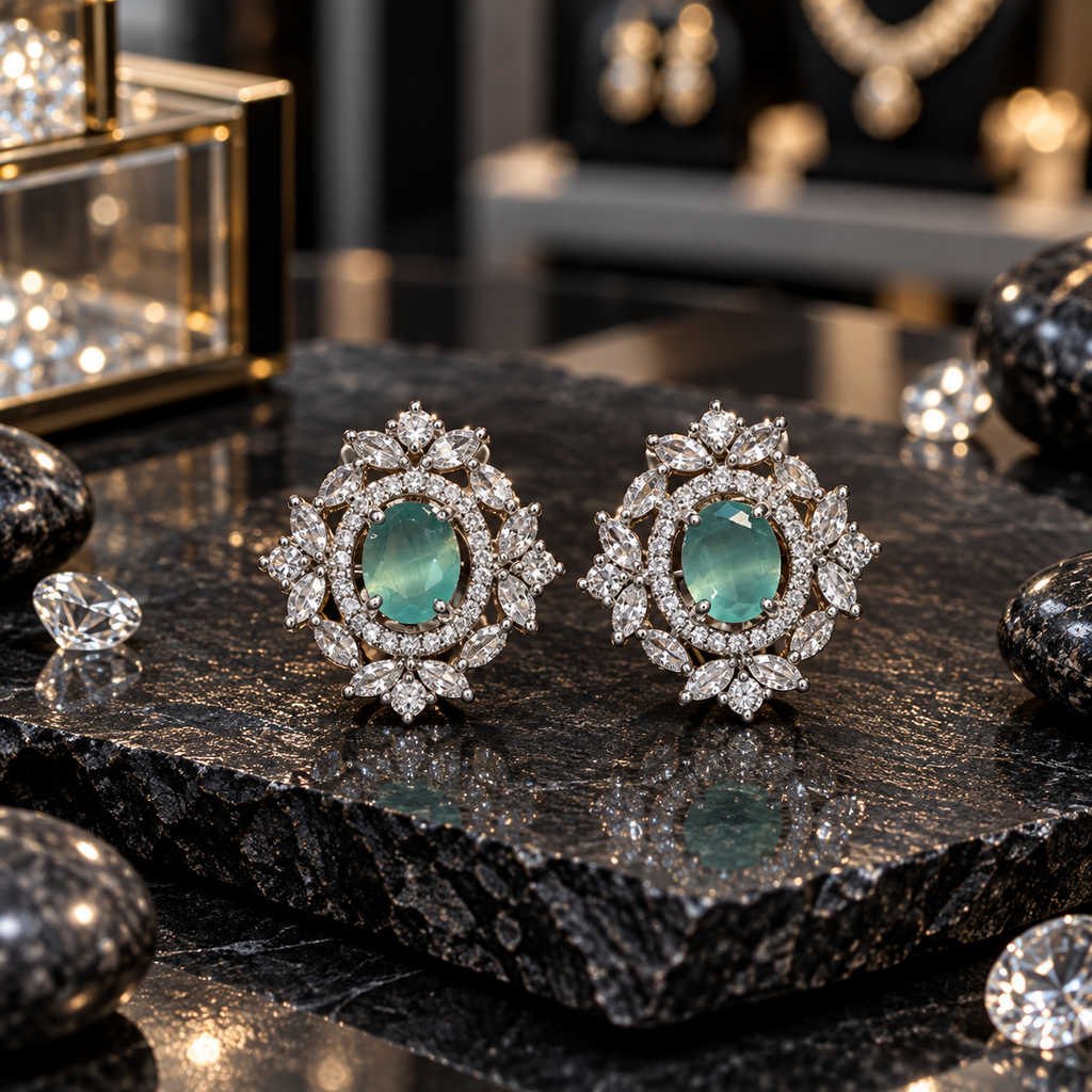 Silver-tone AD stud earrings with oval teal centres, small clear-accent halos and floral-inspired leaf borders.