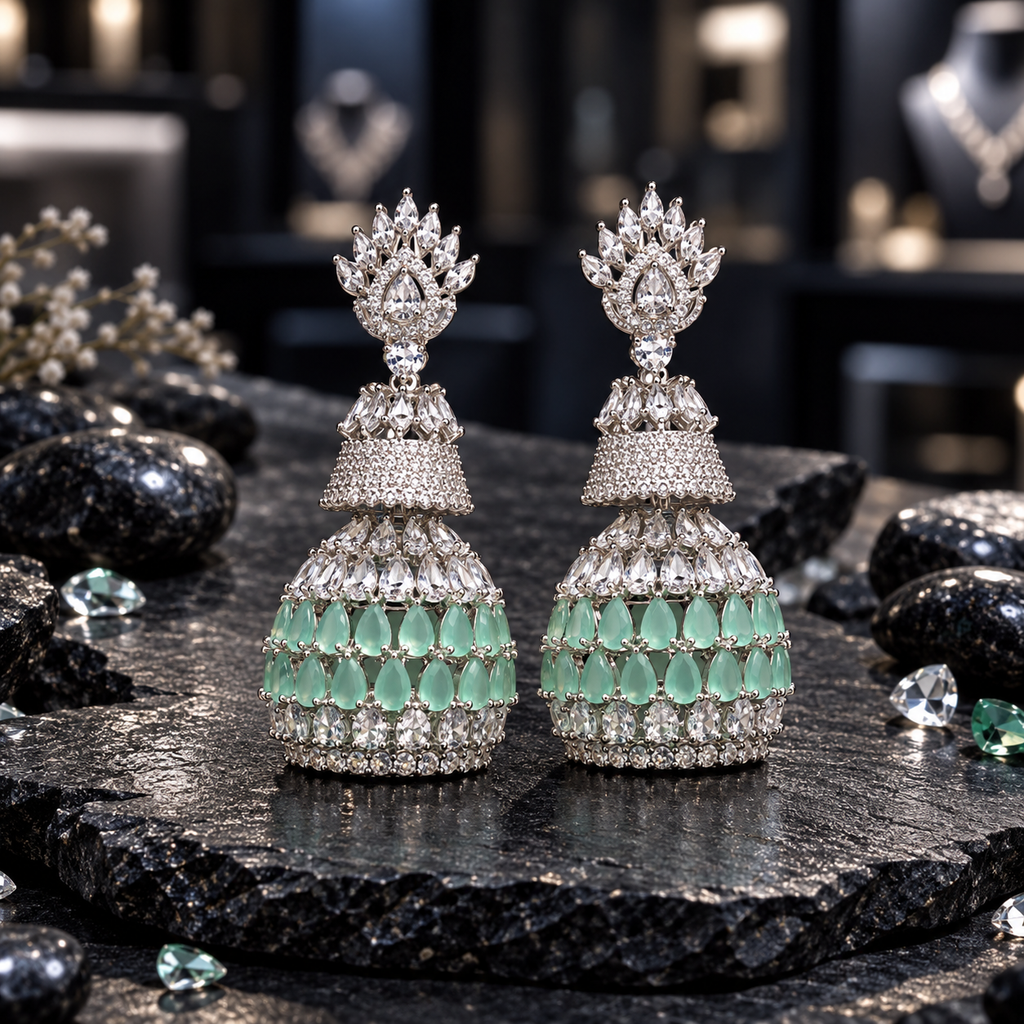 Pair of silver-tone tiered AD jhumka earrings with clear crown-like tops, sparkling upper bells and mint green teardrop rows on the lower domes.