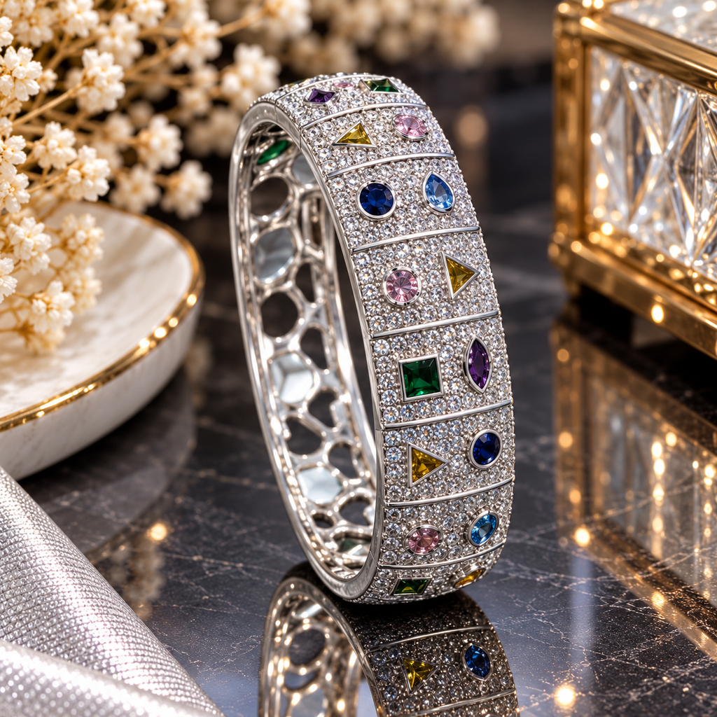 Silver-tone wide bangle with clear-accent panels and pink, blue, green, purple and yellow geometric details.