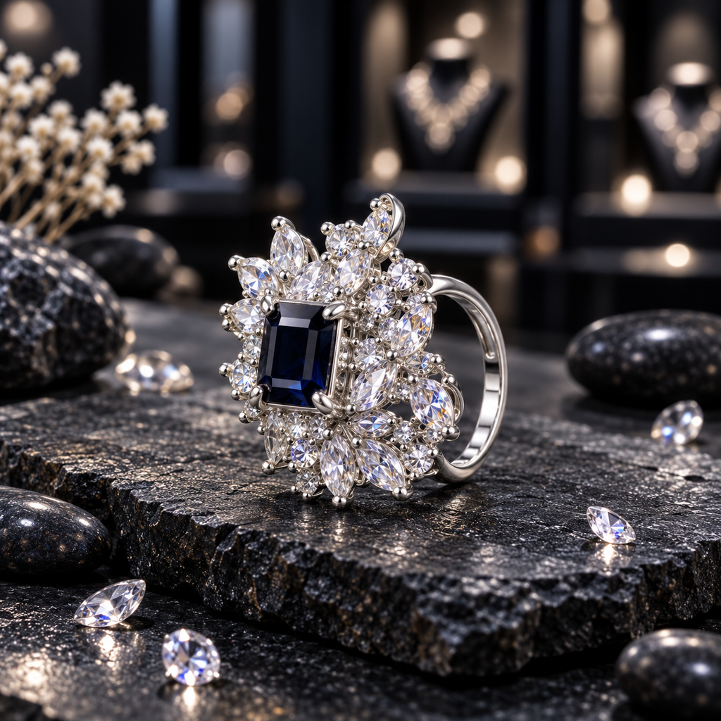 Silver-tone AD ring with a navy-blue rectangular centre and surrounding clear marquise-shaped floral and leaf-like clusters.
