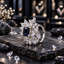 Silver-tone AD ring with a navy-blue rectangular centre and surrounding clear marquise-shaped floral and leaf-like clusters.