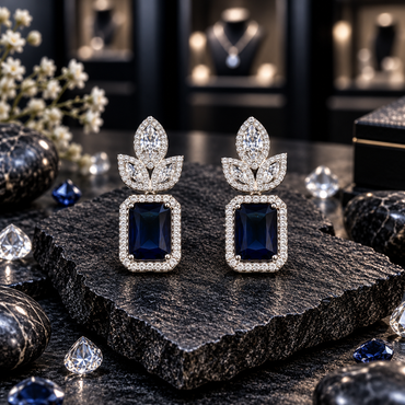 Pair of silver-tone drop earrings with navy blue rectangular centres, clear sparkling borders and three-leaf tops.