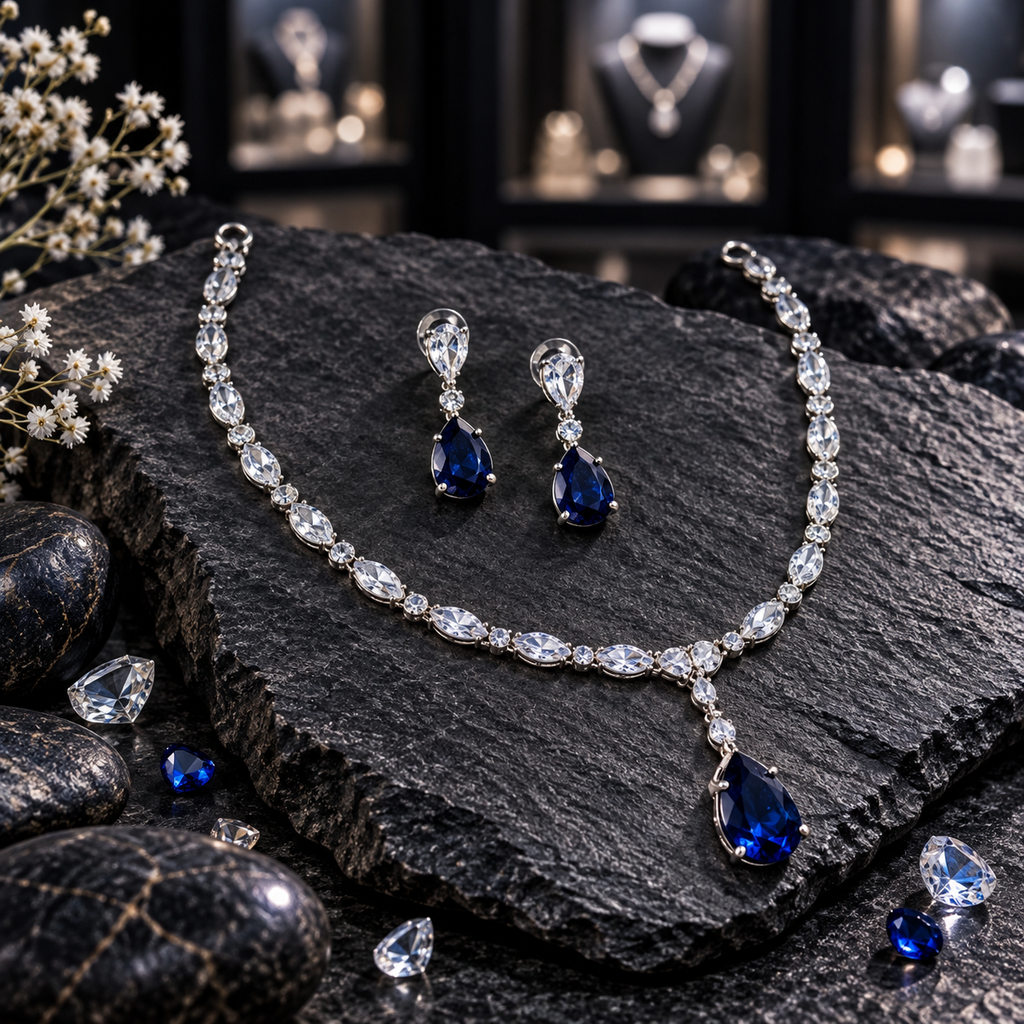 Silver-tone AD necklace and matching earrings with clear marquise and round accents, clear earring tops and navy blue teardrop drops.