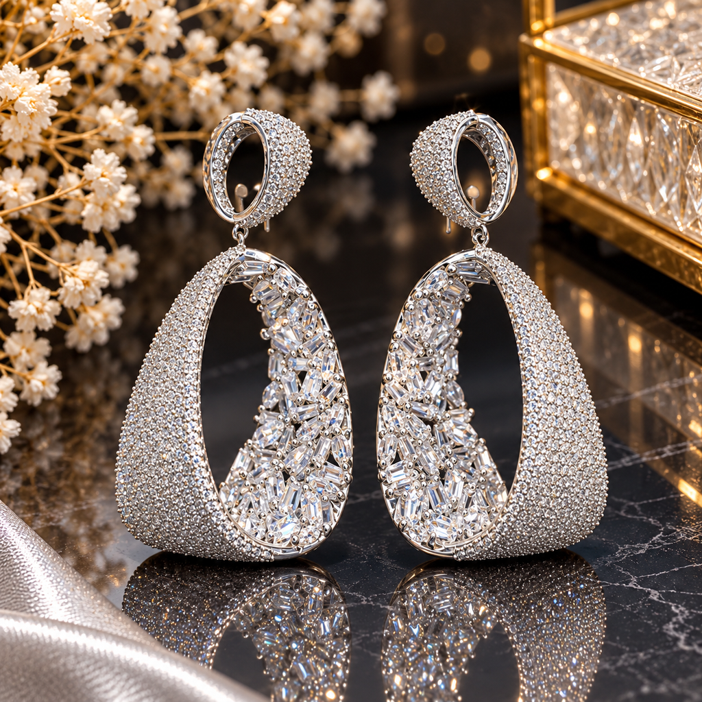 Silver-tone open teardrop drop earrings with oval tops, closely arranged small clear accents and larger rectangular and angular clear details.