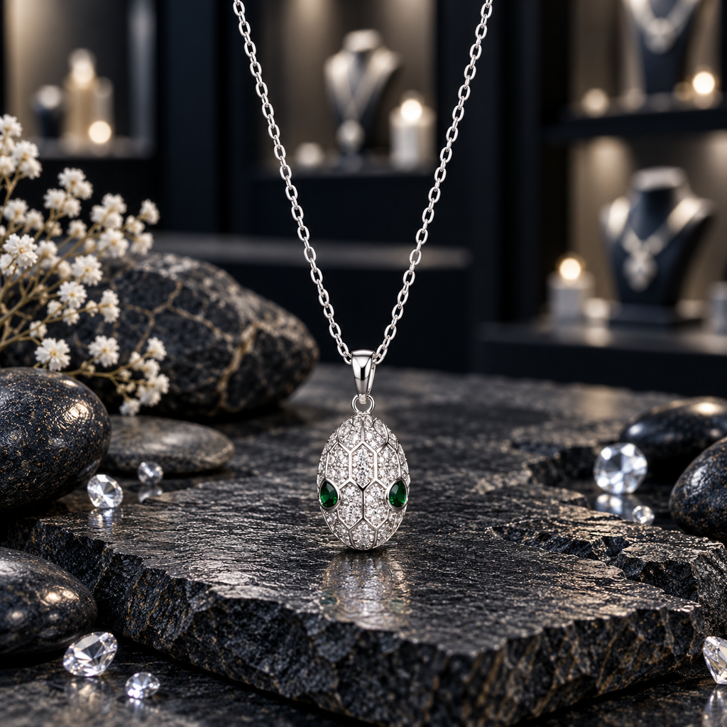 Silver-tone oval pendant necklace with geometric panels, clear sparkling detailing, two green accents and a matching-tone link chain.