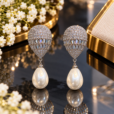 Silver-tone earrings with embellished tapered tops, two rectangular clear-accent bands and ivory-white teardrop pearl-look drops.