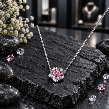Silver-tone link chain necklace with a five-petal pink flower centre, round clear accents between the petals and a small bead-like centre detail.