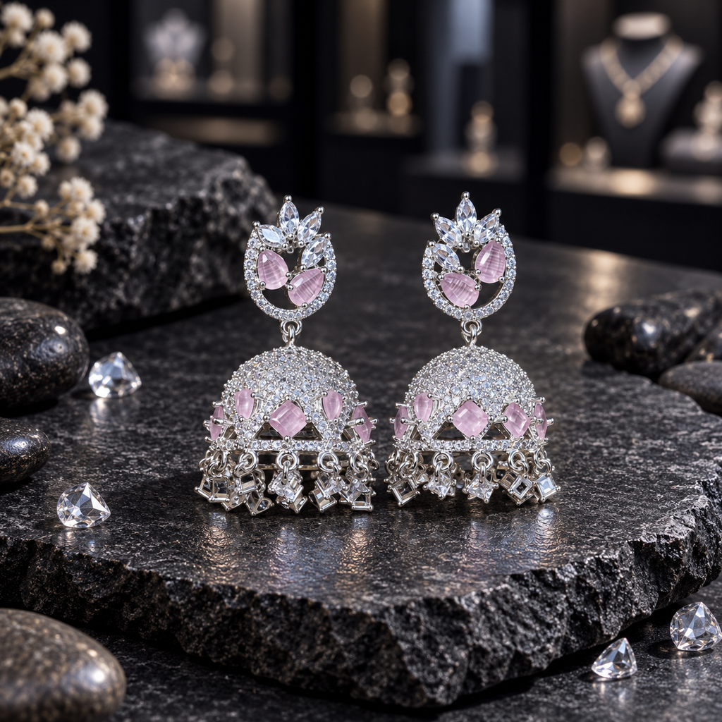 Pair of silver-tone jhumka earrings with pink-accent oval floral tops, clear sparkling domes and hanging square-shaped details.