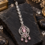 Silver-Tone Pink Oval Maang Tikka with Floral Links & Three Teardrop Drops